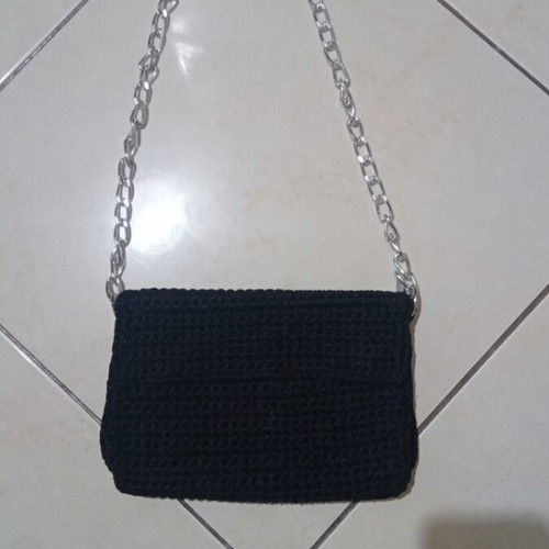 Handmade knitted bag with chain, new, black, 24×15 cm