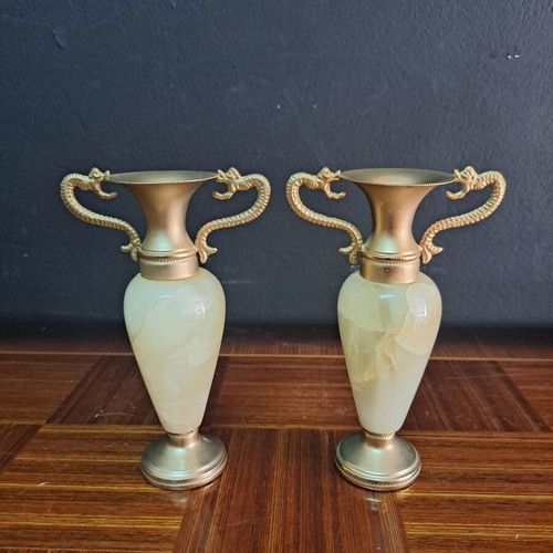 Marble amphorae used with bronze dragon-shaped handles, vintage, set of 2