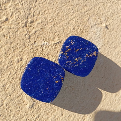 Polymer clay stud earrings with gold leaf and resin, blue and gold