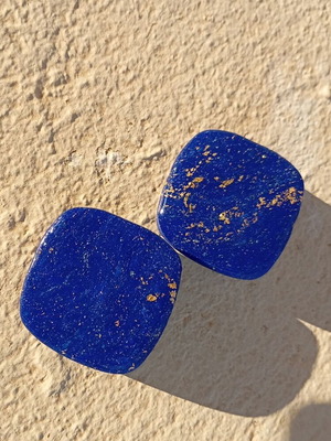 Polymer clay stud earrings with gold leaf and resin, blue and gold