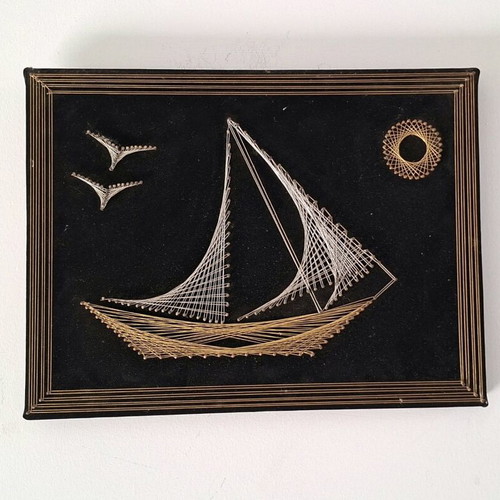 Vintage String Art Sailboat Handmade Cyprus like new