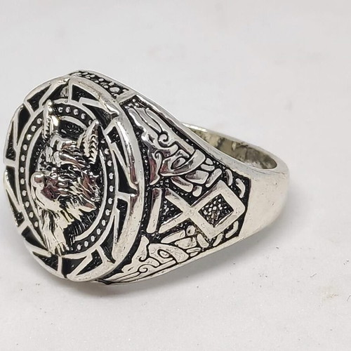 Men's Wolf Head Ring with Viking Symbols like new