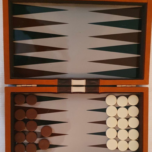 Backgammon small used leather 23cm x 17cm x 4cm