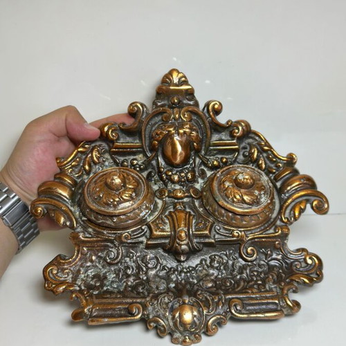 Victorian Baroque style double inkwell, brass with copper plating