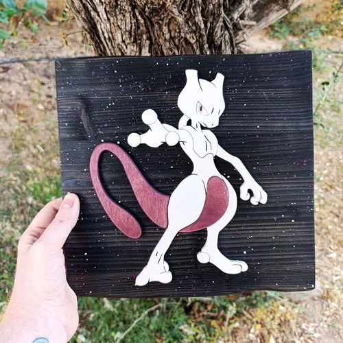Handmade wooden Mewtwo wall decor, Pokémon, 28x28 cm