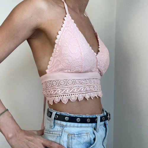 Boho Pink Lace Crop Top Halter Neck Backless Like New