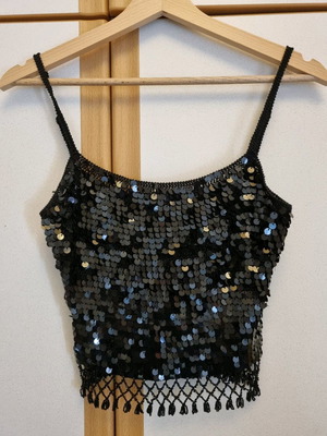 Crop top knitted with sequins and beads used, black S/M