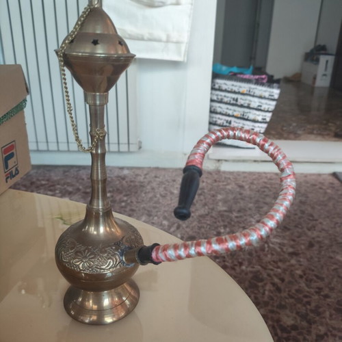 Decorative hookah vintage style metal with embossed designs and fabric hose like new