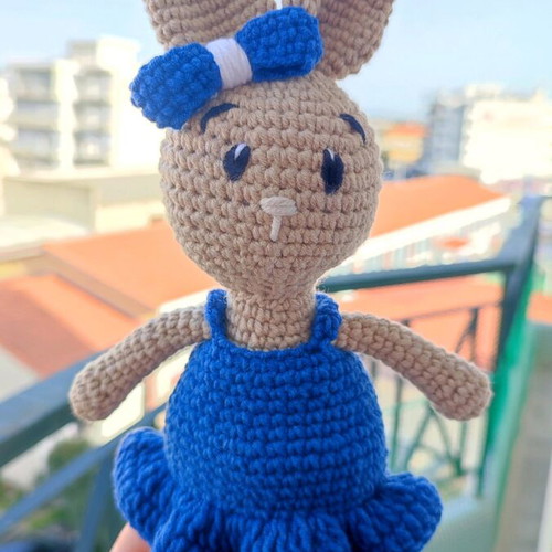Amigurumi knitted bunny new with blue dress and bow