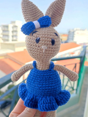 Amigurumi knitted bunny new with blue dress and bow