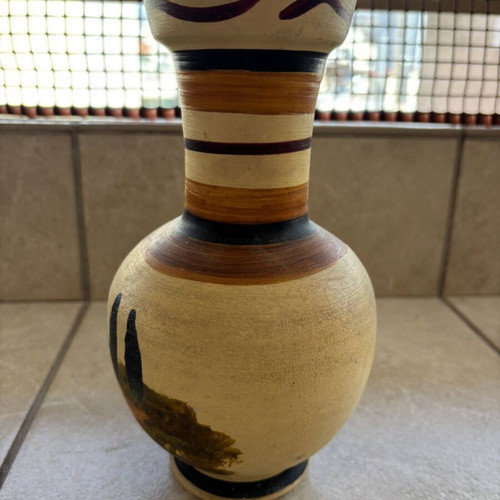 Vintage Handmade Clay Vase with Hand-Painted Landscape used