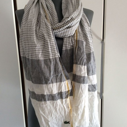 Lacoste Striped Scarf New Grey White Yellow Cotton