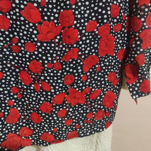Vintage shirt new with shoulder pads, black with white polka dots and red roses, size L-XL