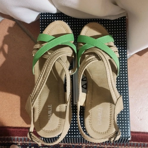 Camille fabric platform sandals used, beige and green, size 37