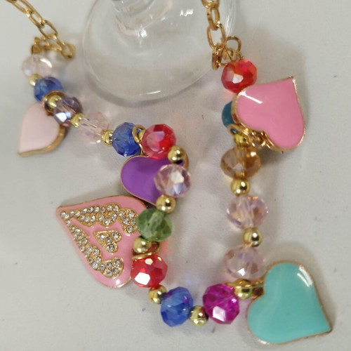 Girly cute necklace with pink enamel hearts and crystals new