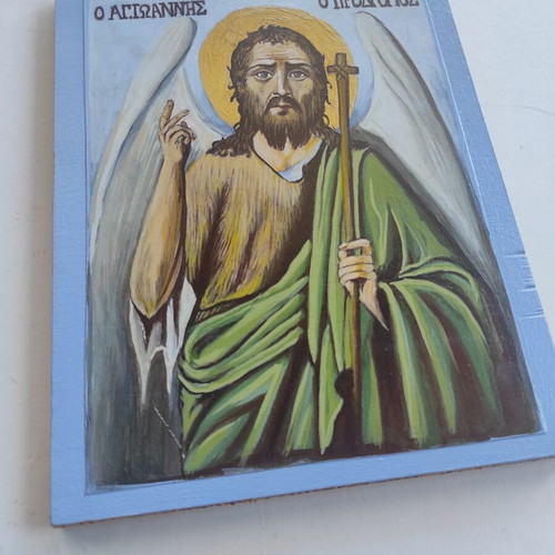 Handmade icon Saint John the Baptist egg tempera on plywood