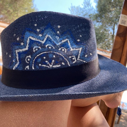 Hat blue with handmade painting new size 60