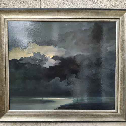Seascape oil painting on fiberboard used