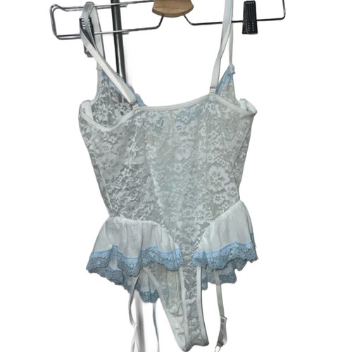 Lace bodysuit with ruffles and garter laces, white and turquoise
