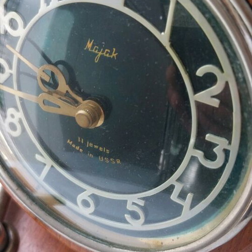 Mayak retro wind-up table clock used, wooden base