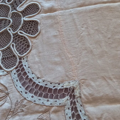 Vintage lace cutwork embroidery table linen used, cotton threads