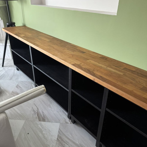 Shelving units, small x3 and large x2, wood
