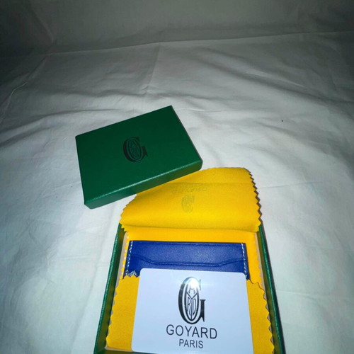 Goyard Card Holder, blue with chevron print and leather trim