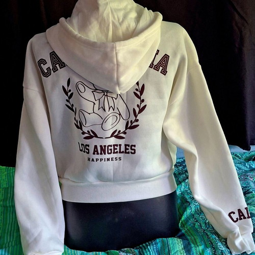 No Comment cropped white college hoodie with zipper and bear print, size M