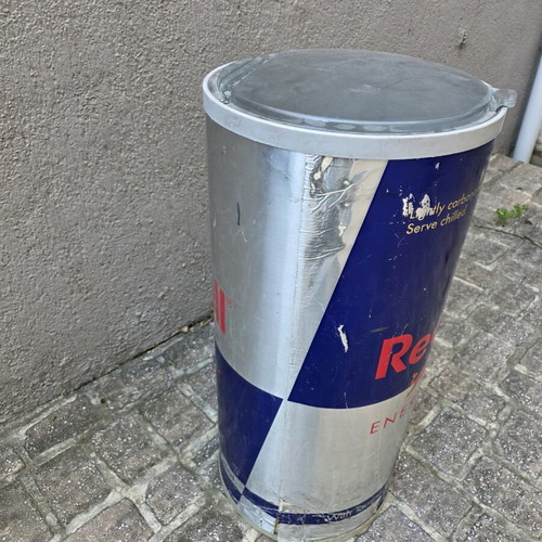 Red Bull Refrigerator used, can-shaped cooler with drain tap