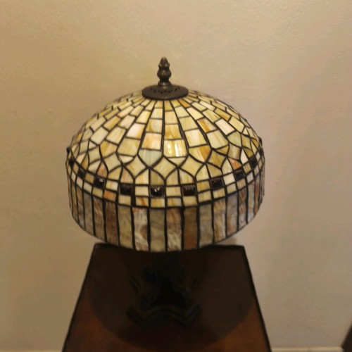 Vintage Tiffany-style table lamp with stained glass shade