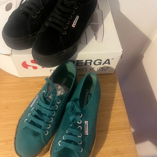 Superga black suede platform sneakers size 39 with green straw insole gift
