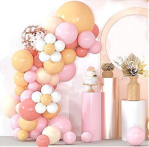 Σετ 113 μπαλόνια latex & υλικά κατασκευής αψίδας με μαργαρίτες - παρτυ baby shower βάπτιση ροζ μπεζ