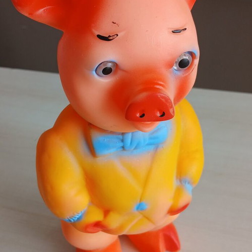 Vintage squeaky doll piglet with jacket and bow tie, like new