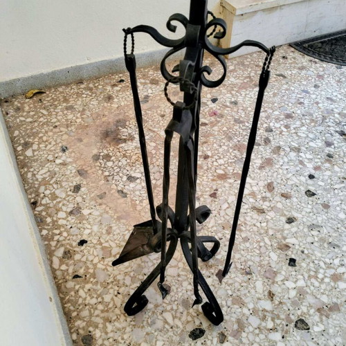 Fireplace screen with accessories used, heavy-duty forged black set