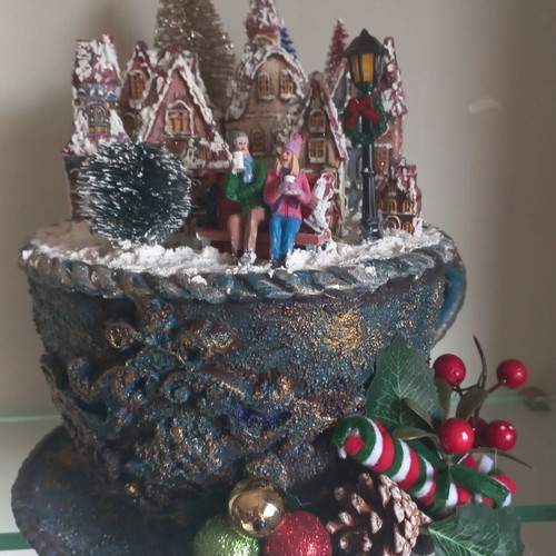 Handmade Christmas village on ceramic cup new