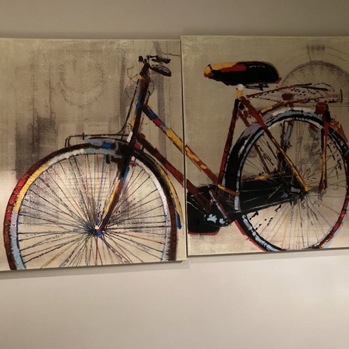 Oil painting used with bicycle motif, 2 separate canvas pieces