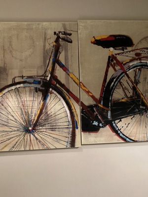 Oil painting used with bicycle motif, 2 separate canvas pieces