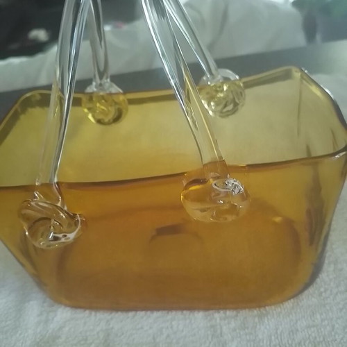 Handbag vase, vintage Italian blown glass, honey color with clear handles
