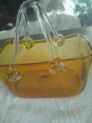 Handbag vase, vintage Italian blown glass, honey color with clear handles