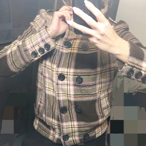 Checked brown coat like new, size large