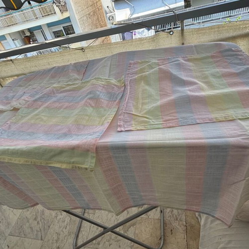 Tablecloth with 3 napkins used, pastel colors, cotton fabric