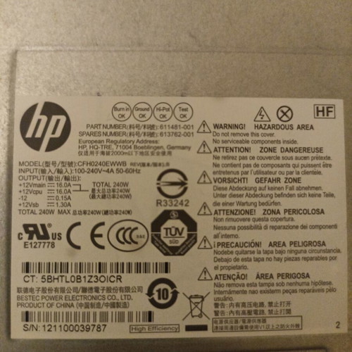 HP 611481-001 240W PSU for Elite and Compaq Pro SFF PCs