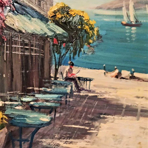 N. Krideras Parathalassio Tavernaki canvas painting like new with frame