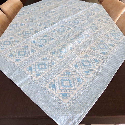 Woven Jacquard Tablecloth used, blue with geometric vintage cotton design