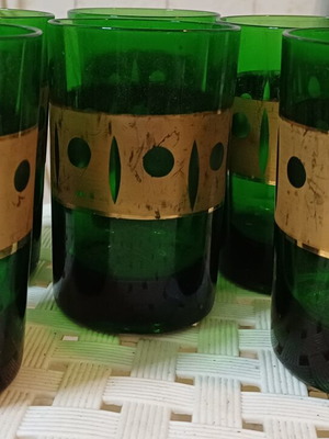 Vintage water glasses used, set of six with green and gold decoration