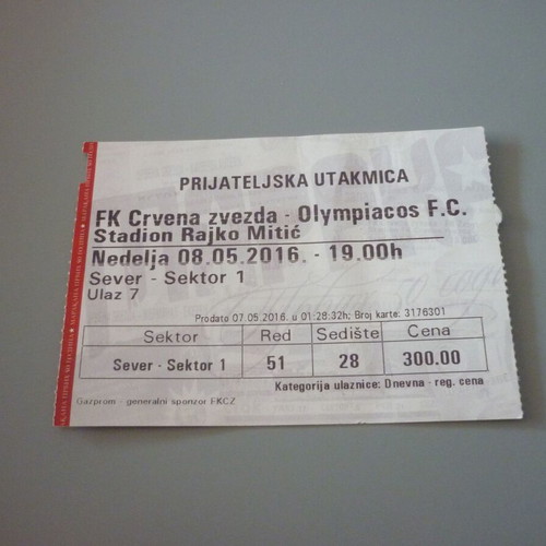 Red Star Belgrade-Olympiacos football ticket 8/5/2016 Stadion Rajko Mitic