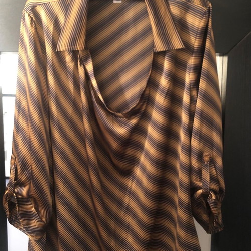 Satin blouse XL used, brown, with drape and shirt collar