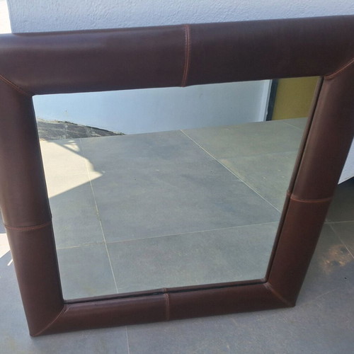 Square mirror with leather frame used, vintage