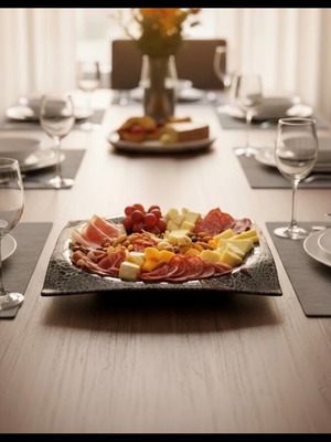 Square Serving Platter 29.5 cm Black with Silver, Orange and Brown Designs New