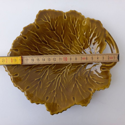 Ceramic serving platter old, leaf-shaped, used, olive green